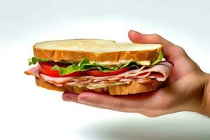 main en portant savoureux sandwich sur une blanc Contexte. ai généré photo