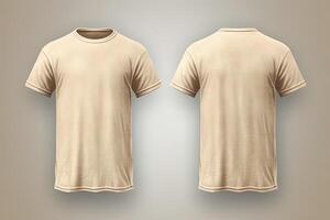 beige Masculin T-shirt réaliste maquette ensemble de de face et retour voir, Vide textile impression conception modèle pour mode vêtements. ai généré photo