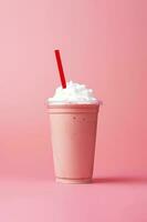 fraise Milk-shake dans Plastique à emporter tasse isolé sur rose Contexte. ai généré photo