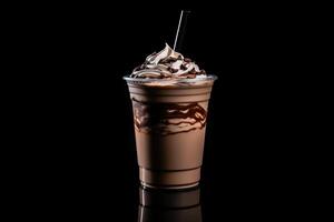 Chocolat Milk-shake dans Plastique à emporter tasse isolé sur noir Contexte. ai généré photo