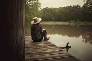 mature femme portant une chapeau séance sur le bord de le en bois jetée à une calme lac. ai généré photo