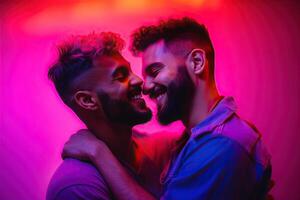 génératif ai illustration de souriant couple gay, lgbt concept, positif et joyeux. néon club Couleur Contexte photo