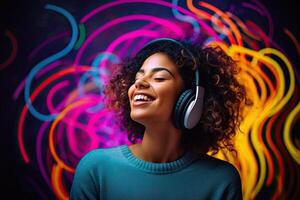 génératif ai illustration de souriant femme écoute à la musique - positif et joyeux. solide Couleur néon Contexte photo