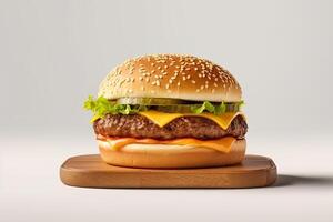 Frais savoureux cheeseburger sur en bois planche. ai généré photo