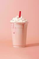 fraise Milk-shake dans Plastique à emporter tasse isolé sur rose Contexte. ai généré photo