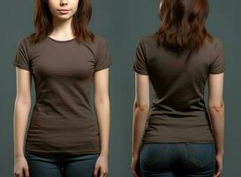 photo réaliste femelle marron t-shirts avec copie espace, devant, et retour voir. ai généré