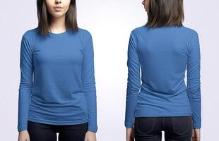 femme portant une bleu T-shirt avec longue manches. de face et retour voir. ai généré photo