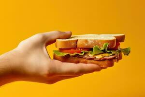 main en portant savoureux sandwich sur une Jaune Contexte. ai généré photo