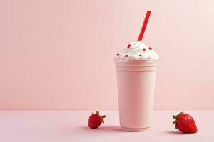 fraise Milk-shake dans Plastique à emporter tasse isolé sur rose Contexte. ai généré photo