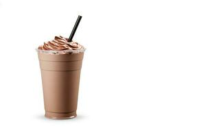 Chocolat Milk-shake dans Plastique à emporter tasse isolé sur blanc Contexte avec copie espace. ai généré photo