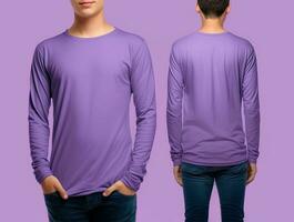 homme portant une violet T-shirt avec longue manches. de face et retour voir. ai généré photo