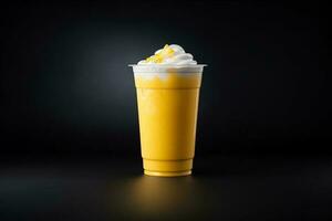 mangue smoothie Milk-shake dans Plastique à emporter tasse isolé sur foncé Contexte. ai généré photo