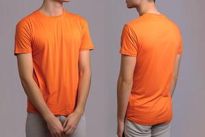 photo réaliste Masculin Orange t-shirts avec copie espace, devant, et retour voir. ai généré