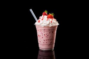 fraise Milk-shake dans Plastique à emporter tasse isolé sur noir Contexte. ai généré photo