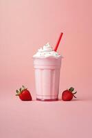 fraise Milk-shake dans Plastique à emporter tasse isolé sur rose Contexte. ai généré photo