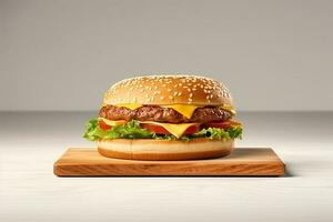 Frais savoureux cheeseburger sur en bois planche. ai généré photo