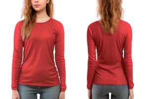 femme portant une rouge T-shirt avec longue manches. de face et retour voir. ai généré photo