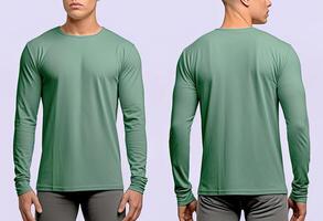 homme portant une vert T-shirt avec longue manches. de face et retour voir. ai généré photo