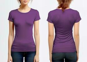 photo réaliste femelle violet t-shirts avec copie espace, devant, et retour voir. ai généré