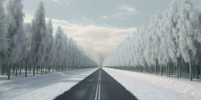 hiver route et des arbres avec neige paysage, génératif ai photo