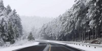 hiver route et des arbres avec neige paysage, génératif ai photo