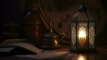 ornemental arabe lanterne avec brûlant bougie, invitation pour musulman saint mois Ramadan Karim, de fête avoir carte, génératif ai photo