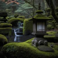 Japonais Zen jardin, le image comprend une cascade écoulement dans le Contexte avec mousse couvert lanterne permanent dans le premier plan, génératif ai photo