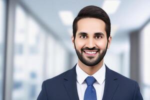 Jeune intelligent homme d'affaire, permanent dans brouiller Contexte de bureau. génératif ai photo