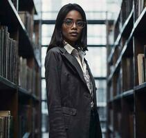 magnifique africain américain noir femme avec bibliothèque dans arrière-plan, génératif ai photo