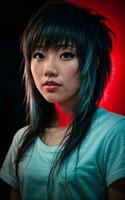 portrait photo de magnifique adolescent asiatique femme avec tendance coiffure dans foncé pièce avec lumière dans arrière-plan, génératif ai