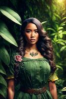 magnifique aventure Latin femme avec jungle forêt dans le arrière-plan, génératif ai photo