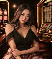 jolie Jeune asiatique femme à jeux d'argent casino salon, génératif ai photo