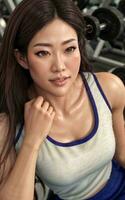 magnifique en bonne santé asiatique femme à le salle de sport, génératif ai photo