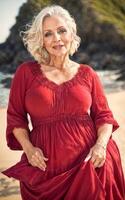 photo de blanc milieu vieilli vieux Dame américain femme dans robe à le le sable plage, génératif ai