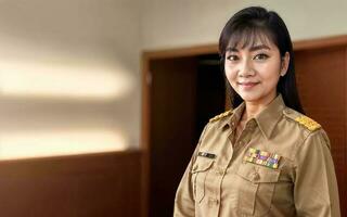 photo de milieu vieilli asiatique femme dans thaïlandais prof uniforme, génératif ai