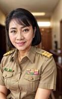 photo de milieu vieilli asiatique femme dans thaïlandais prof uniforme, génératif ai