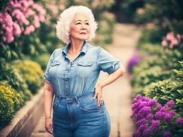 portrait photo de content magnifique vieux femme dame, génératif ai