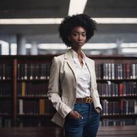 magnifique africain américain noir femme avec bibliothèque dans arrière-plan, génératif ai photo