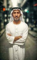 riches arabe homme d'affaire dans traditionnel blanc tenue dans nuit rue arrière-plan, génératif ai photo
