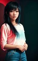 portrait photo de magnifique adolescent asiatique femme avec tendance coiffure dans foncé pièce avec lumière dans arrière-plan, génératif ai