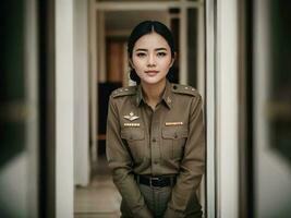 photo de asiatique femme dans thaïlandais police officier uniforme, génératif ai