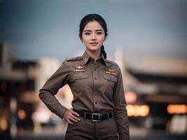 photo de asiatique femme dans thaïlandais police officier uniforme, génératif ai