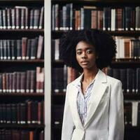 magnifique africain américain noir femme avec bibliothèque dans arrière-plan, génératif ai photo