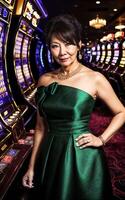 milieu vieilli asiatique femme à luxe casino, génératif ai photo