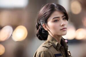 photo de asiatique femme dans thaïlandais police officier uniforme, génératif ai