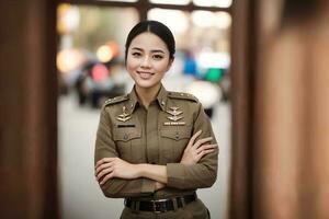 photo de asiatique femme dans thaïlandais police officier uniforme, génératif ai