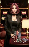 magnifique asiatique femme avec luxe robe dans grandiose casino jeu, génératif ai photo