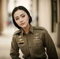 photo de asiatique femme dans thaïlandais police officier uniforme, génératif ai