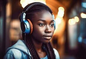 ai génératif. une Jeune fille écoute à la musique dans écouteurs. photo