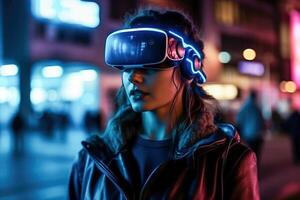 ai génératif. nuit scène de le ville. femme dans vr casque dans le ville de le futur photo